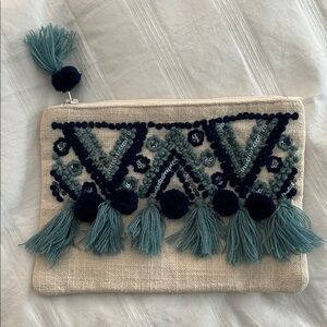 Boho Chic Embroidered Clutch in Blue and Cream